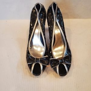 Franco Sarto Candor Black Leather Upper Bow Peep Toe Pump 9.5
